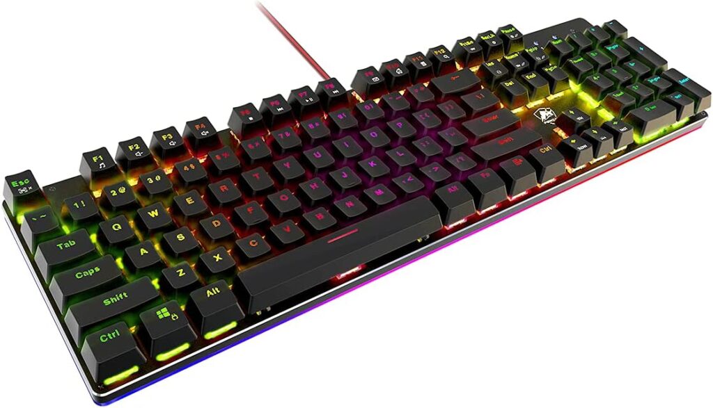 POWZAN Mechanical Optical Gaming Keyboard Wired - RGB LED Rainbow Backlit Light Up Key with Tactile and Clicky Blue Switch for Computer, Windows PC Gamers - 104 Keys Full Size, Aluminum Black